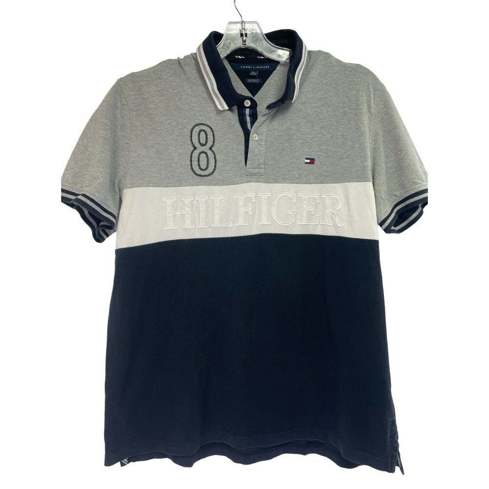 TOMMY HILFIGER‎ Mens Sz XXL Grey/Blue Embossed  Knit Polo Shirt (P28) EUC